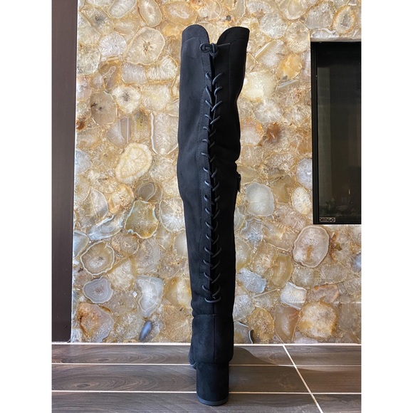 Back Lace Up Mid Faux suede Block Heel Over The Knee Thigh High Boot round toe - Picture 4 of 16